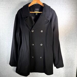 Eddie Bauer Peacoat Men's Large Tall LT Black Wool Double-Breasted Notch Lapel